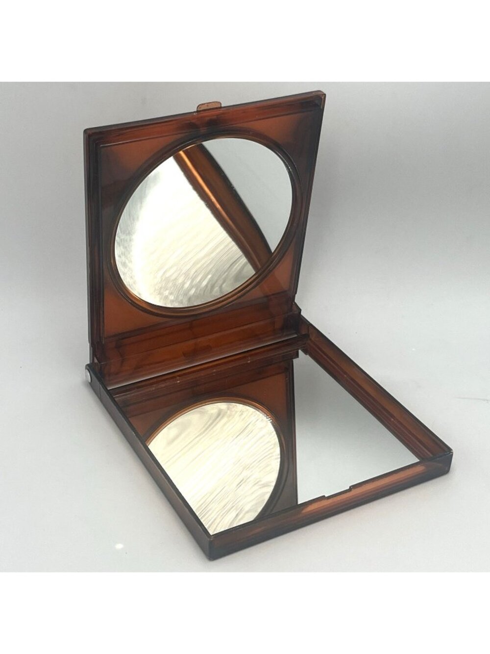Vintage Brown Lucite Large Compact Mirror 2 Sides Magnification and Normal